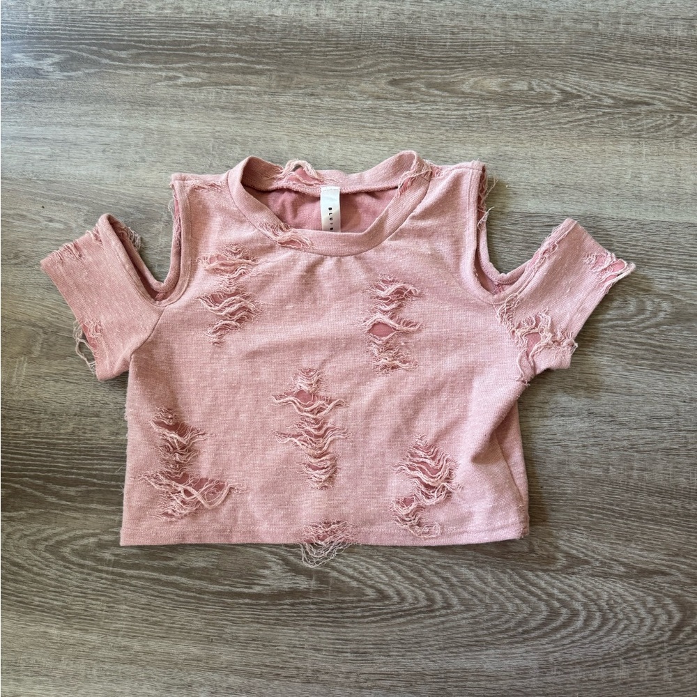 Baby pink Blue Blush destroyed crop top